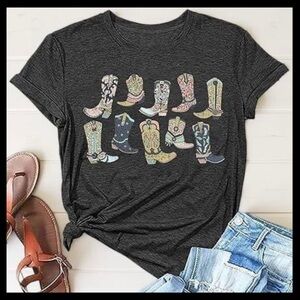 Charcoal Graphic Print Tee Cowboy Cowgirl Boots Design Country Western Southern